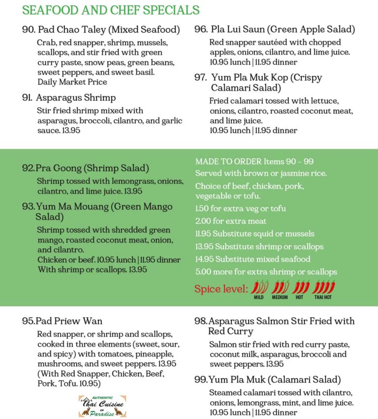 Seafood and Chef Specials – Authentic Thai Cuisine of Paradise